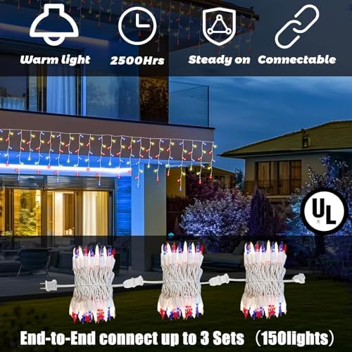 8.5 ft 150 Icicle Lights String Lights 4th of July Decorations Plug in in Red white blue, alternate view 3