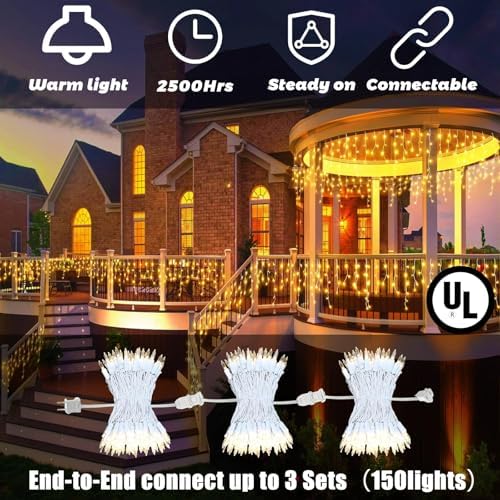 8.5 ft 150 Icicle Lights Warmwhite String Lights Christmas Decorations Plug in, alternate view 2