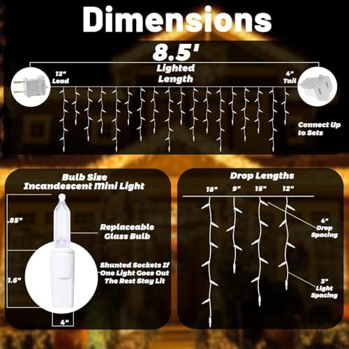 8.5 ft 150 Icicle Lights Warmwhite String Lights Christmas Decorations Plug in, alternate view 5