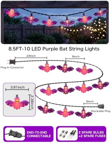 8.5FT Purple Bat String Lights for Halloween,10 LED Bat Lights in Purple Bat Lights, alternate view 2