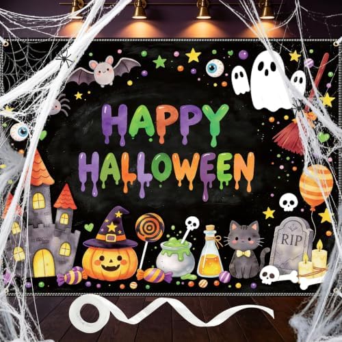 8×6ft Happy Halloween Chalkboard Banner, with Stretchy Spider Web in 8x6 ft in black