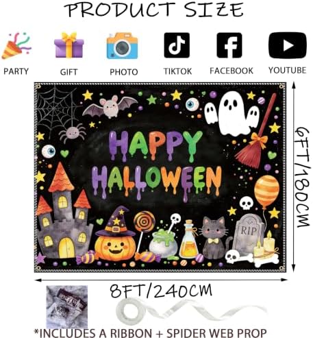 8×6ft Happy Halloween Chalkboard Banner, with Stretchy Spider Web in 8x6 ft in black, alternate view 3