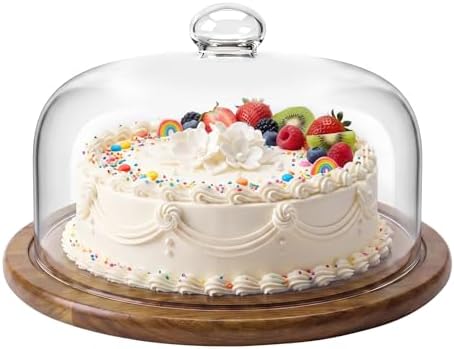 8.8''Cake Stand with Glass Dome, 2-in-1 Cupcake Decorative Tray in Brown