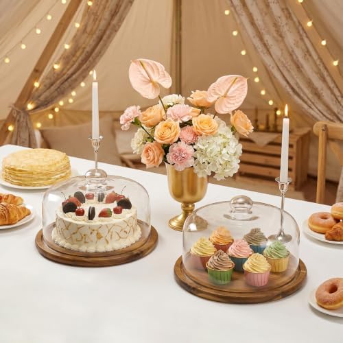 8.8''Cake Stand with Glass Dome, 2-in-1 Cupcake Decorative Tray in Brown, alternate view 4