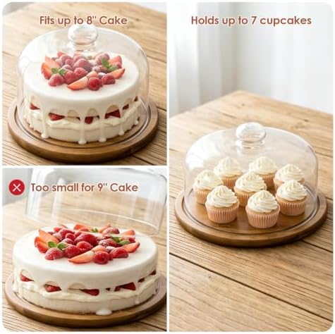 8.8''Cake Stand with Glass Dome, 2-in-1 Cupcake Decorative Tray in Brown, alternate view 6