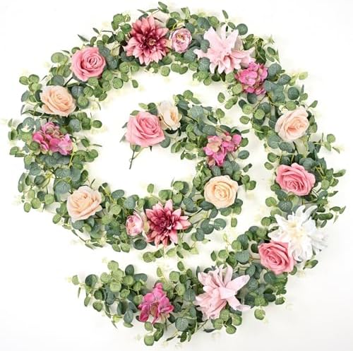 8.85Ft Flower Garland, Eucalyptus Greenery Garland with Flowers, Pink Rose Floral Vines for Wedding Reception