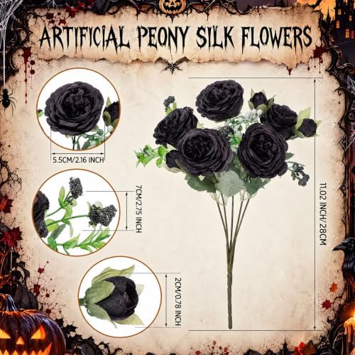 8 Bundles Artificial Peonies Flowers, Black in Black, alternate view 2