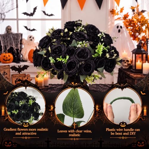 8 Bundles Artificial Peonies Flowers, Black in Black, alternate view 3