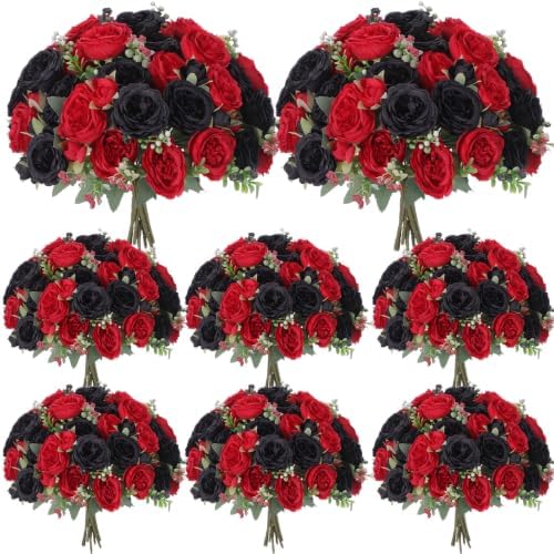 8 Bundles Artificial Peonies Flowers, Black, Red in Black, Red