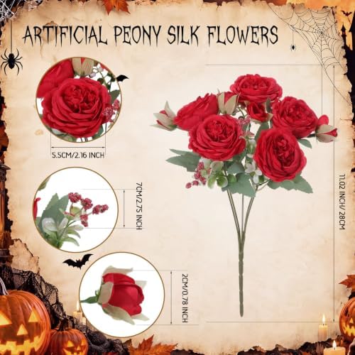 8 Bundles Artificial Peonies Flowers, Black, Red in Black, Red, alternate view 2