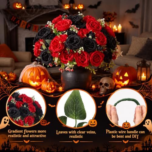 8 Bundles Artificial Peonies Flowers, Black, Red in Black, Red, alternate view 3