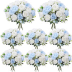 8 Bundles Artificial Peonies Flowers, Blue, White in Blue, White