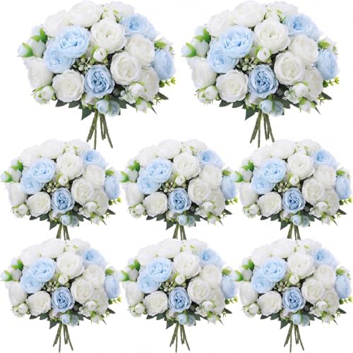 8 Bundles Artificial Peonies Flowers, Blue, White in Blue, White
