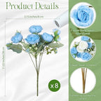 8 Bundles Artificial Peonies Flowers, Blue, White in Blue, White, alternate view 2