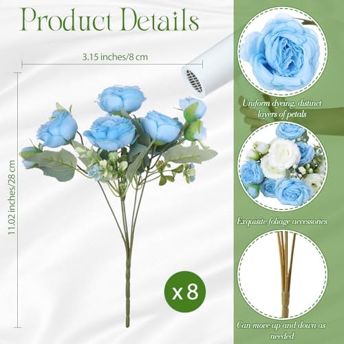 8 Bundles Artificial Peonies Flowers, Blue, White in Blue, White, alternate view 2