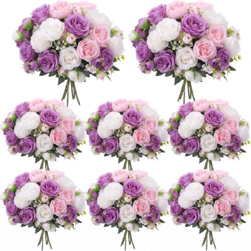 8 Bundles Artificial Peonies Flowers, Dark Purple, Pink, White in Dark Purple, Pink, White