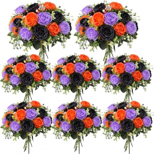 8 Bundles Artificial Peonies Flowers, Orange, Purple, Black in Orange, Purple, Black