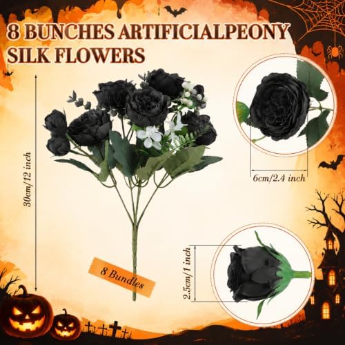 8 Bundles Artificial Peonies Flowers, Orange, Purple, Black in Orange, Purple, Black, alternate view 2
