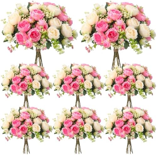8 Bundles Artificial Peonies Flowers, Pink, Champagne in Pink, Champagne