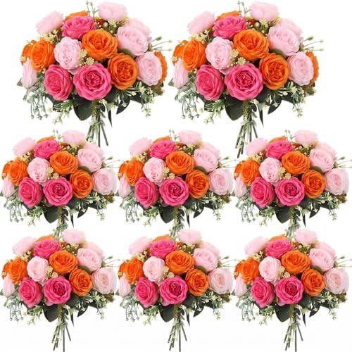 8 Bundles Artificial Peonies Flowers, Pink, Orange in Pink, Orange