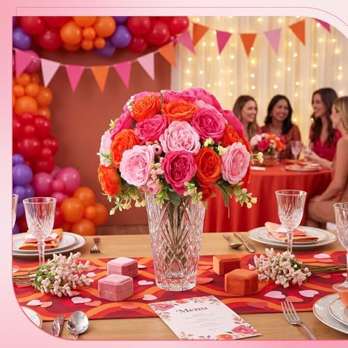 8 Bundles Artificial Peonies Flowers, Pink, Orange in Pink, Orange, alternate view 5