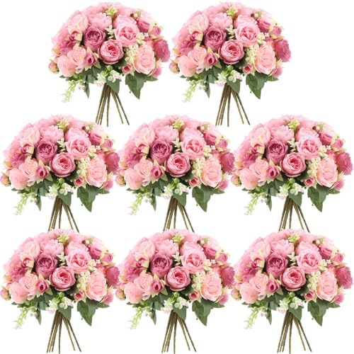 8 Bundles Artificial Peonies Flowers, Russet Red, Light Pink in Russet Red, Light Pink