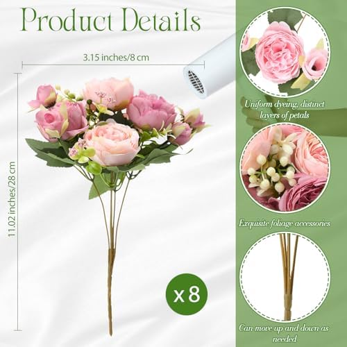 8 Bundles Artificial Peonies Flowers, Russet Red, Light Pink in Russet Red, Light Pink, alternate view 2