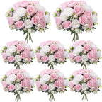 8 Bundles Artificial Peonies Flowers, White and Pink in White and Pink