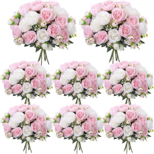 8 Bundles Artificial Peonies Flowers, White and Pink in White and Pink