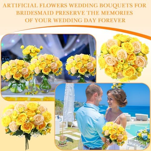 8 Bundles Artificial Peonies Flowers, Yellow, Champagne in Yellow, Champagne, alternate view 7