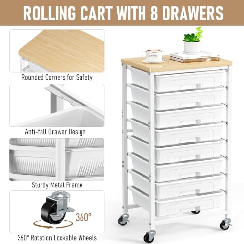 8-Drawers Rolling Cart, Craft Storage Utility Cart, White layer, alternate view 4