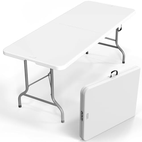 8 Foot Plastic Folding Table Portable Long Table for Indoor Outdoor Use Rectangular with Carrying Handle, White