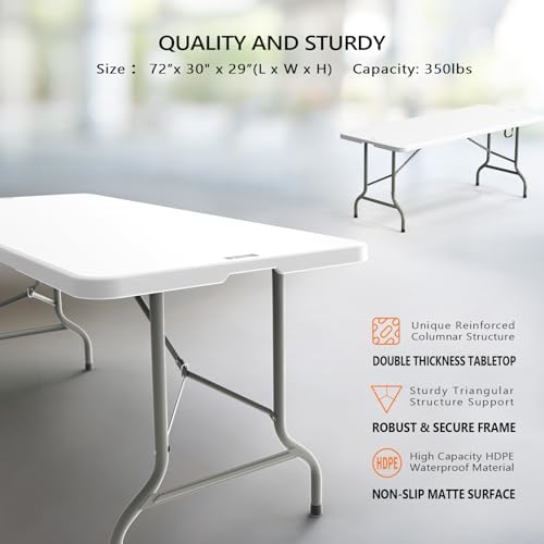 8 Foot Plastic Folding Table Portable Long Table for Indoor Outdoor Use Rectangular with Carrying Handle, White, alternate