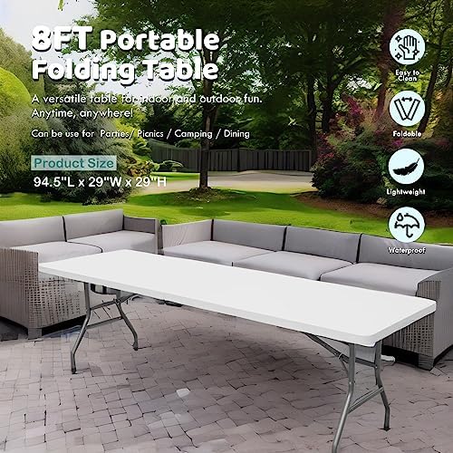 8 Foot Portable Plastic Folding Table 8FT 96" Half Foldable Heavy Duty Top w/Carry Handle - Indoor Outdoor, alternate view 2