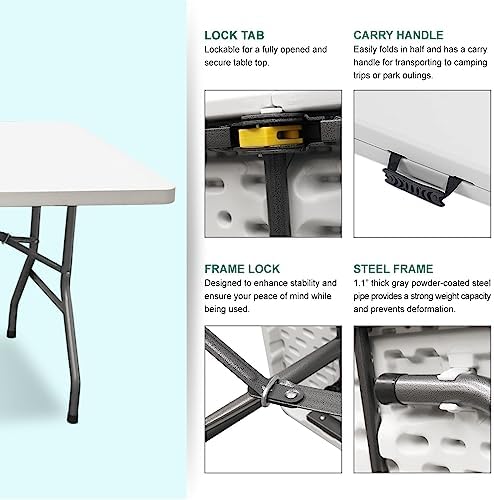 8 Foot Portable Plastic Folding Table 8FT 96" Half Foldable Heavy Duty Top w/Carry Handle - Indoor Outdoor, alternate view 4