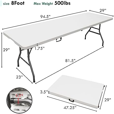 8 Foot Portable Plastic Folding Table 8FT 96" Half Foldable Heavy Duty Top w/Carry Handle - Indoor Outdoor, alternate view 6