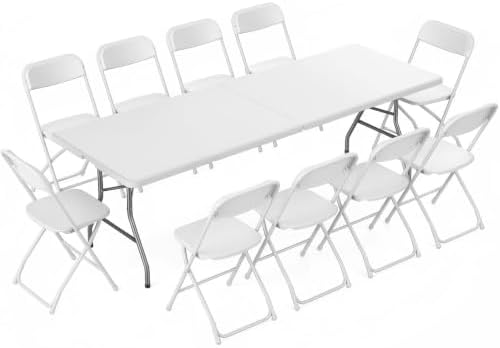 8 FT Folding Picnic Table with 10 Folding Chairs, Easy to Keep, White in White