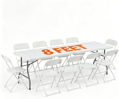 8 FT Plastic White Folding Table Set with 10 White Folding Chairs