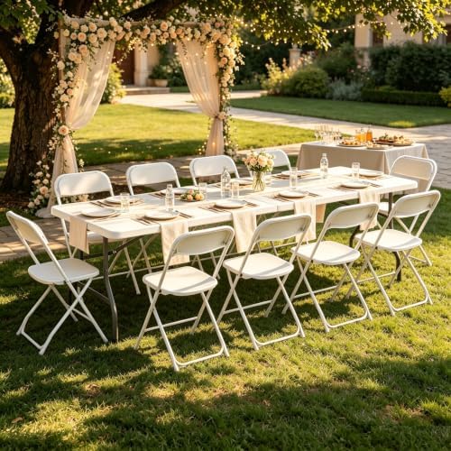 8 FT Plastic White Folding Table Set with 10 White Folding Chairs, alternate view 2