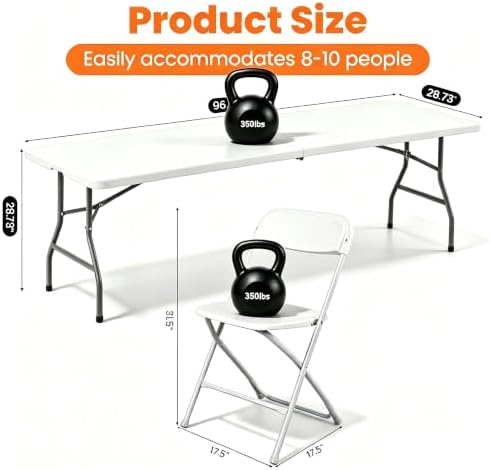 8 FT Plastic White Folding Table Set with 10 White Folding Chairs, alternate view 3