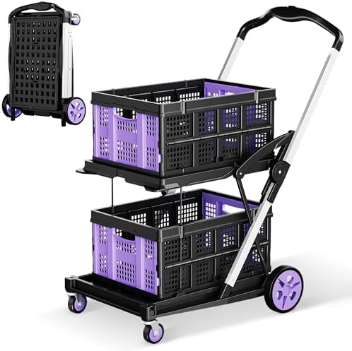 8-in-1 200LBS Collapsible Shopping Cart, Multi Functional Utility Cart with 2 Storage Crate, Adjustable Handle