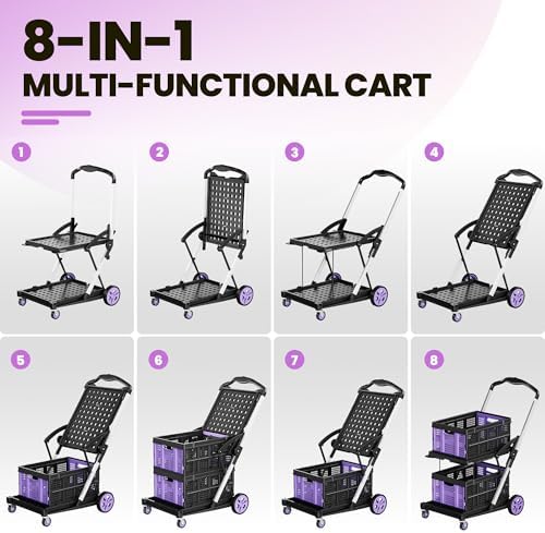 8-in-1 200LBS Collapsible Shopping Cart, Multi Functional Utility Cart with 2 Storage Crate, Adjustable Handle, alternate
