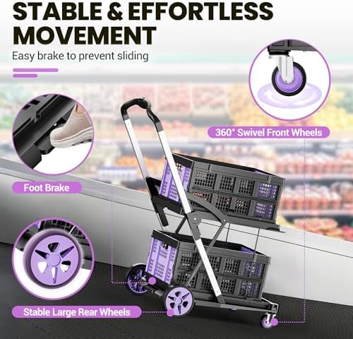 8-in-1 200LBS Collapsible Shopping Cart, Multi Functional Utility Cart with 2 Storage Crate, Adjustable Handle, alternate