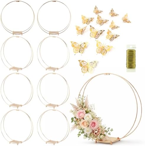 8 Pack 14 Inches Metal Double Floral Hoop Centerpieces with Stand and 38-Yard Paddle Wire Craft Centerpiece