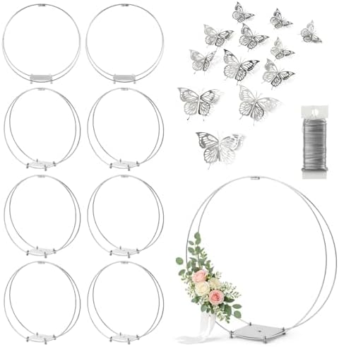 8 Pack 14 Inches Metal Double Floral Hoop Centerpieces with Stand and 38-Yard Paddle Wire Craft Centerpiece