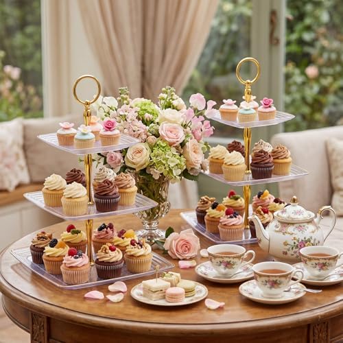 8 Pack 3 Tier Cupcake Stand Bulk Tiered Dessert Stand, Clear in Clear, alternate view 2