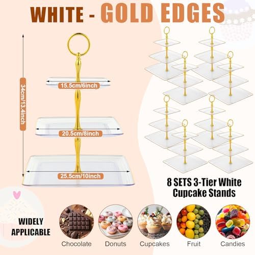 8 Pack 3 Tier Cupcake Stand Bulk Tiered Dessert Stand, Clear in Clear, alternate view 3