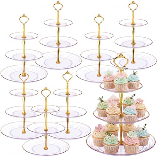 8 Pack 3 Tier Cupcake Stand Bulk Tiered Dessert Stand Thick Plastic Serving Tray with Gold Edges Dessert Table