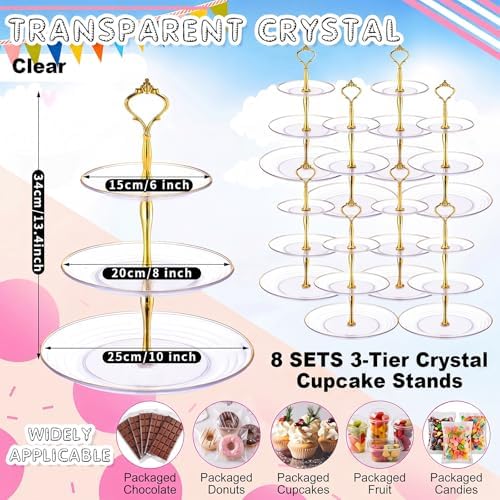 8 Pack 3 Tier Cupcake Stand Bulk Tiered Dessert Stand Thick Plastic Serving Tray with Gold Edges Dessert Table, alternate
