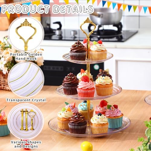 8 Pack 3 Tier Cupcake Stand Bulk Tiered Dessert Stand Thick Plastic Serving Tray with Gold Edges Dessert Table, alternate